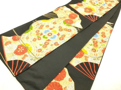 平和屋着物◎六通柄袋帯　唐織　扇花文　黒地　金糸　正絹　逸品　AABN2581ps
