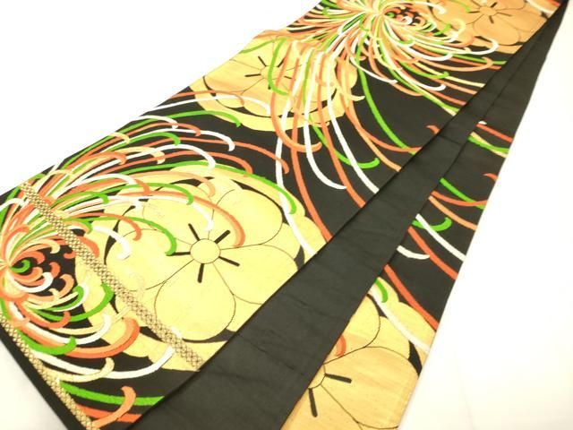 平和屋着物◎六通柄袋帯　唐織　乱菊　黒地　金糸　正絹　逸品　AABN2582ps