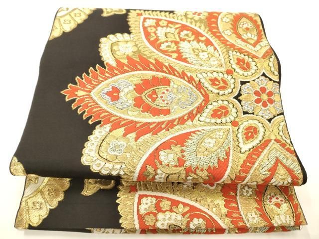 平和屋着物◎西陣　まいづる謹製　六通柄袋帯　正倉院花文　黒地　金銀糸　正絹　逸品　AABN2584ps