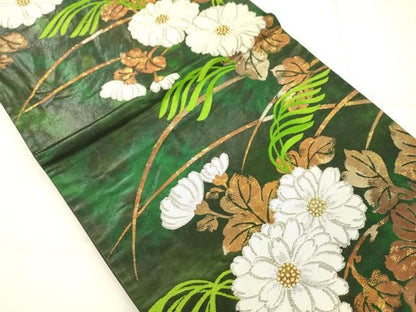 平和屋着物◎六通柄袋帯　草花文　銀糸　正絹　逸品　AABN2586ps