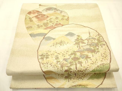 平和屋着物◎六通柄袋帯　風景丸文　金糸　正絹　逸品　AABN2587ps