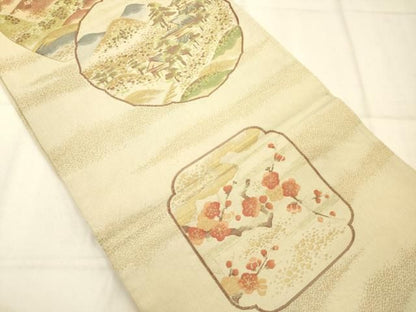 平和屋着物◎六通柄袋帯　風景丸文　金糸　正絹　逸品　AABN2587ps