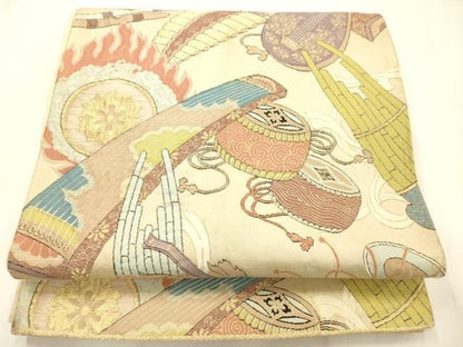 平和屋着物◎六通柄袋帯　楽器文　金糸　正絹　逸品　AABN2595ps