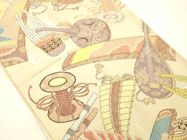平和屋着物◎六通柄袋帯　楽器文　金糸　正絹　逸品　AABN2595ps