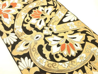 平和屋着物◎六通柄京袋帯　更紗花文　黒地　金糸　AABN2597ps