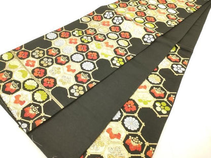 平和屋着物◎六通柄袋帯　唐織　亀甲花文　黒地　金銀糸　正絹　逸品　AABN2598ps
