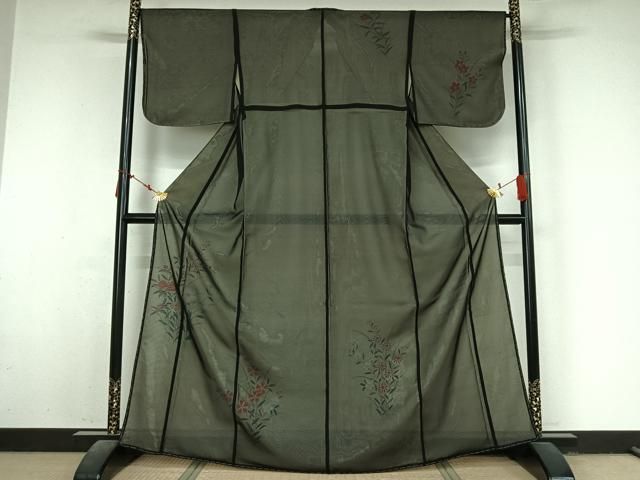 平和屋着物▽訪問着　無双　紗袷　紗×絽　草花文　黒地　銀彩　正絹　逸品　AABN2679jh