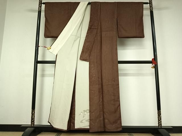 平和屋着物▽色留訪問着　紗袷　紗×絽　刺繍　流水笹の葉花文　茶褐色　正絹　逸品　AABN2696jh