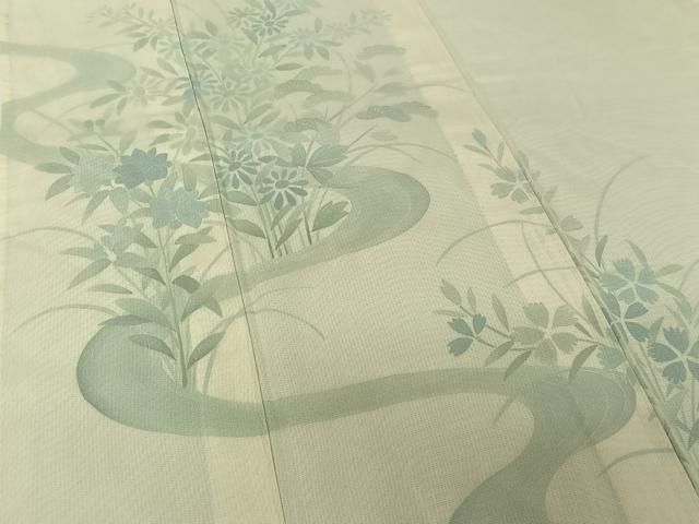 平和屋着物▽訪問着　無双　紗袷　紗×絽　手描き　流水花文　正絹　逸品　AABN2735jh