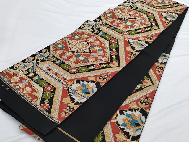 平和屋着物◎六通柄袋帯　幾何学花文　黒地　金糸　正絹　逸品　AABN2761ps