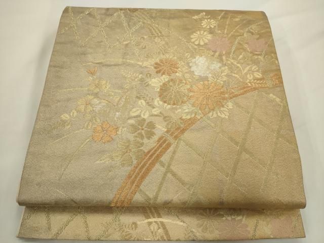 平和屋着物◎六通柄袋帯　螺鈿織　花蝶文　金糸　正絹　逸品　AABN2764ps