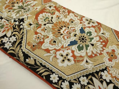 平和屋着物◎六通柄袋帯　更紗花文　金糸　正絹　逸品　AABN2786ps