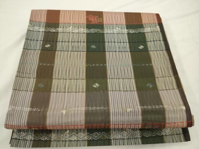 平和屋着物◎両面六通柄袋帯　吉野間道　抽象文　金糸　正絹　逸品　AABN2793ps