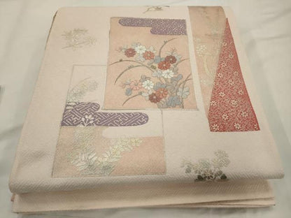 平和屋着物◎太鼓柄袋帯　駒刺繍　色紙重ね花文　金銀糸　金彩　正絹　逸品　AABN2795ps