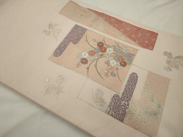 平和屋着物◎太鼓柄袋帯　駒刺繍　色紙重ね花文　金銀糸　金彩　正絹　逸品　AABN2795ps
