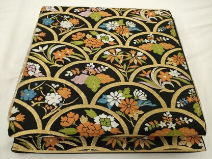 平和屋着物◎六通柄京袋帯　花青海波　黒地　金糸　正絹　逸品　AABN2797ps