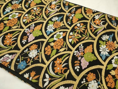 平和屋着物◎六通柄京袋帯　花青海波　黒地　金糸　正絹　逸品　AABN2797ps