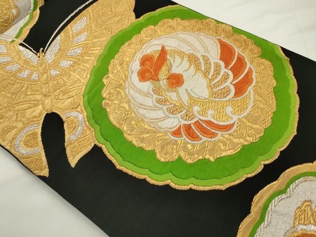 平和屋着物◎六通柄袋帯　唐織　花蝶文　黒地　金銀糸　正絹　逸品　AABN2799ps