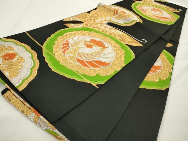 平和屋着物◎六通柄袋帯　唐織　花蝶文　黒地　金銀糸　正絹　逸品　AABN2799ps