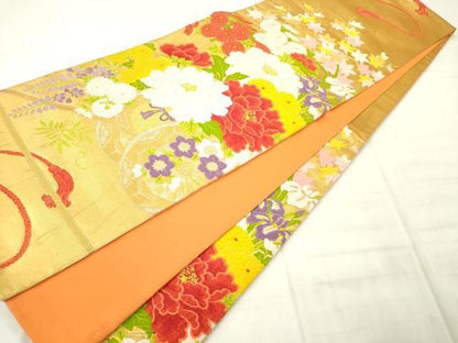 平和屋着物◎六通柄袋帯　唐織　花車文　金糸　正絹　逸品　AABN2807ps