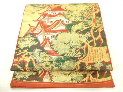 平和屋着物◎六通柄　京本袋帯　風景松文　金糸　正絹　逸品　AABN2810ps