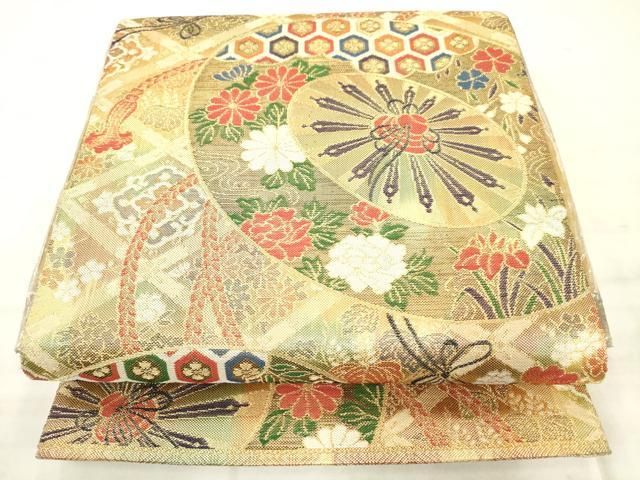 平和屋着物◎佐賀錦　全通柄袋帯　片輪車花文　金糸　正絹　逸品　AABN2811ps
