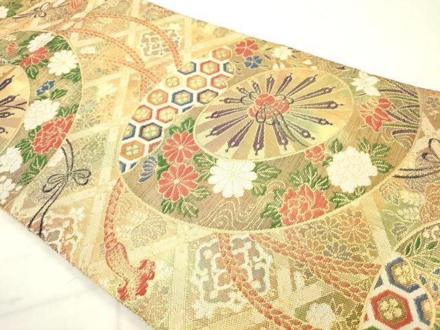 平和屋着物◎佐賀錦　全通柄袋帯　片輪車花文　金糸　正絹　逸品　AABN2811ps
