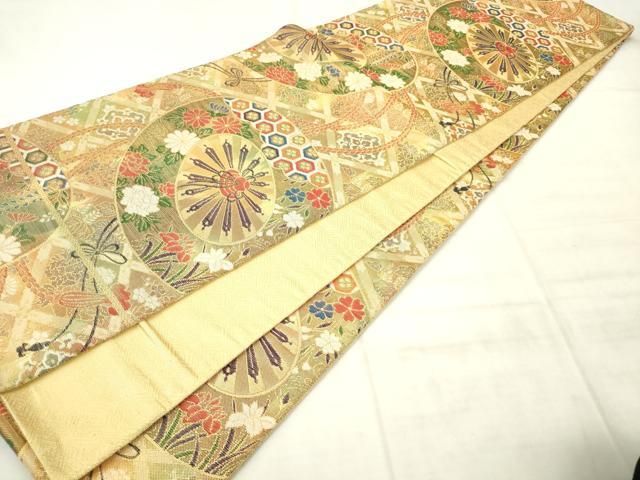 平和屋着物◎佐賀錦　全通柄袋帯　片輪車花文　金糸　正絹　逸品　AABN2811ps