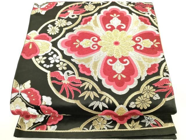 平和屋着物◎六通柄袋帯　唐織　正倉院花文　黒地　金銀糸　正絹　逸品　AABN2820ps