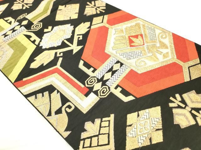 平和屋着物◎六通柄　本袋帯　抽象文　黒地　金糸　正絹　逸品　AABN2822ps