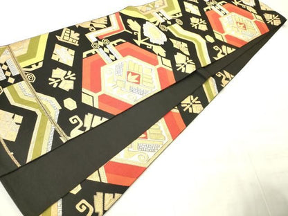 平和屋着物◎六通柄　本袋帯　抽象文　黒地　金糸　正絹　逸品　AABN2822ps
