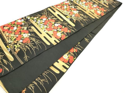 平和屋着物◎六通柄袋帯　唐織　エ霞花文　黒地　金糸　正絹　逸品　AABN2826ps