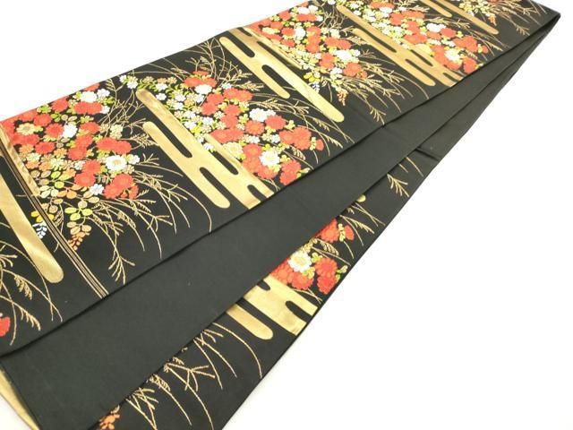 平和屋着物◎六通柄袋帯　唐織　エ霞花文　黒地　金糸　正絹　逸品　AABN2826ps