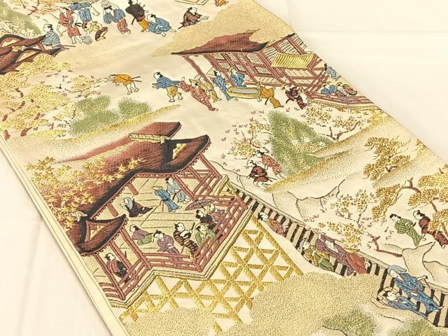 平和屋着物◎六通柄袋帯　唐織　人物風景文　金糸　正絹　逸品　AABN2848dk