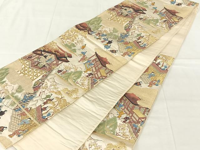 平和屋着物◎六通柄袋帯　唐織　人物風景文　金糸　正絹　逸品　AABN2848dk