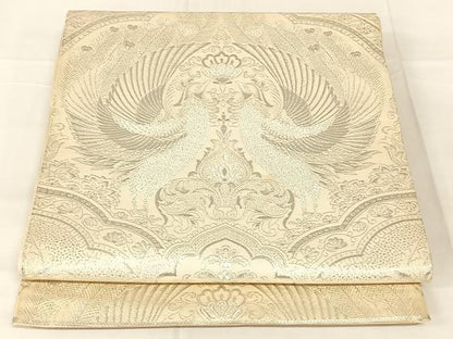 平和屋着物◎六通柄袋帯　孔雀花文　銀糸　正絹　逸品　AABN2856dk