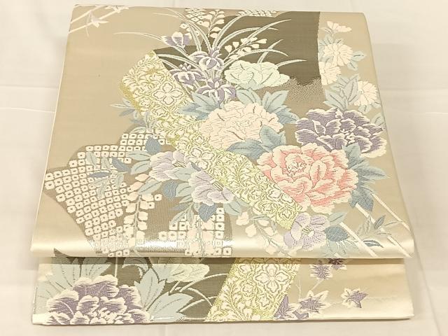 平和屋着物◎六通柄袋帯　唐織　京どんす　草花文　プラチナ箔二重織　正絹　逸品　AABN2875dk