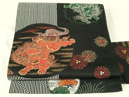 平和屋着物◎九寸名古屋帯　唐獅子　黒地　金糸　AABN2880dk