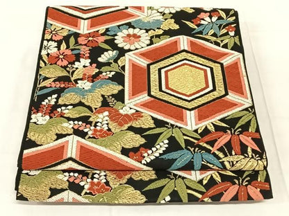 平和屋着物◎六通柄　本袋帯　唐織　亀甲花文　黒地　金糸　正絹　逸品　AABN2892dk