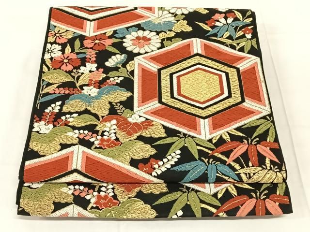 平和屋着物◎六通柄　本袋帯　唐織　亀甲花文　黒地　金糸　正絹　逸品　AABN2892dk