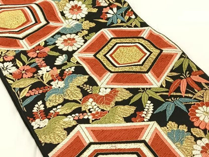 平和屋着物◎六通柄　本袋帯　唐織　亀甲花文　黒地　金糸　正絹　逸品　AABN2892dk