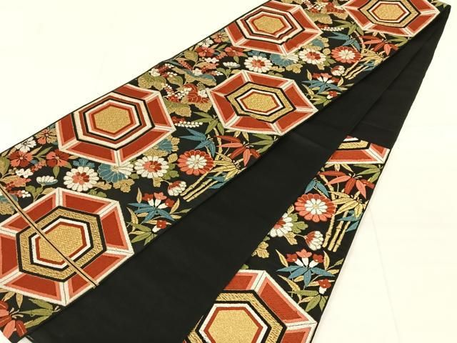 平和屋着物◎六通柄　本袋帯　唐織　亀甲花文　黒地　金糸　正絹　逸品　AABN2892dk