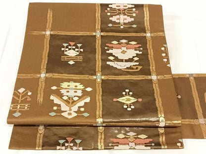 平和屋着物◎九寸名古屋帯　幾何学花文　金糸　正絹　逸品　AABN2894dk