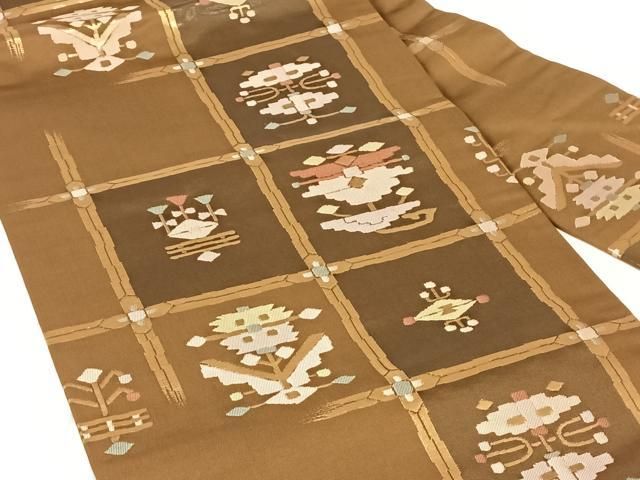 平和屋着物◎九寸名古屋帯　幾何学花文　金糸　正絹　逸品　AABN2894dk