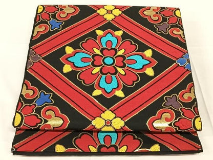 平和屋着物◎六通柄袋帯　格子花文　黒地　金糸　正絹　逸品　AABN2896dk