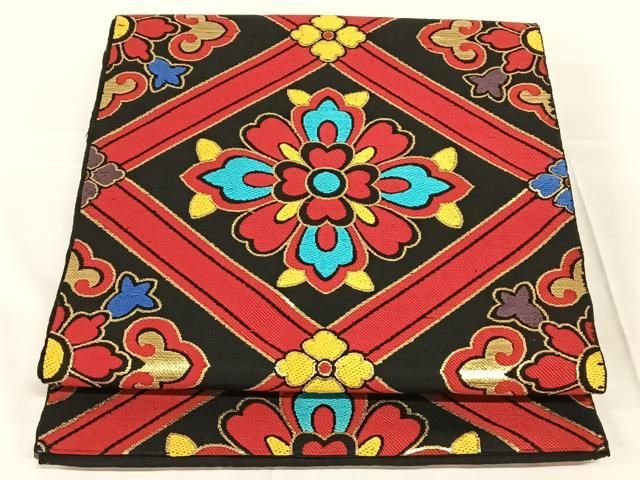 平和屋着物◎六通柄袋帯　格子花文　黒地　金糸　正絹　逸品　AABN2896dk