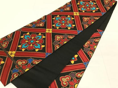 平和屋着物◎六通柄袋帯　格子花文　黒地　金糸　正絹　逸品　AABN2896dk