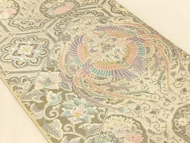 平和屋着物◎六通柄袋帯　唐織　プラチナ箔　裂取鳳凰文　正絹　逸品　AABN2899dk