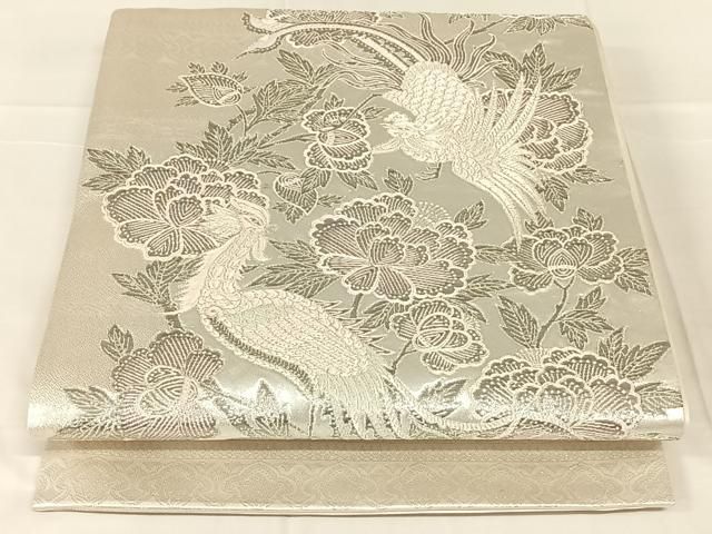 平和屋着物◎太鼓柄袋帯　鳳凰更紗花文　銀糸　正絹　逸品　AABN2908dk