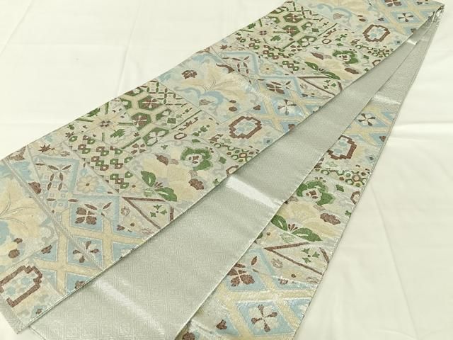 平和屋着物◎佐賀錦　六通柄袋帯　更紗花文　銀糸　正絹　逸品　AABN2910dk